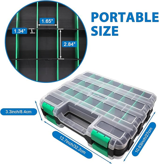 Double Side Tool Box Organizer, Hardware Storage Box, Portable Small Parts Organizer with Removable Plastic Dividers for Screws, Nuts, Nails, Bolts, Green