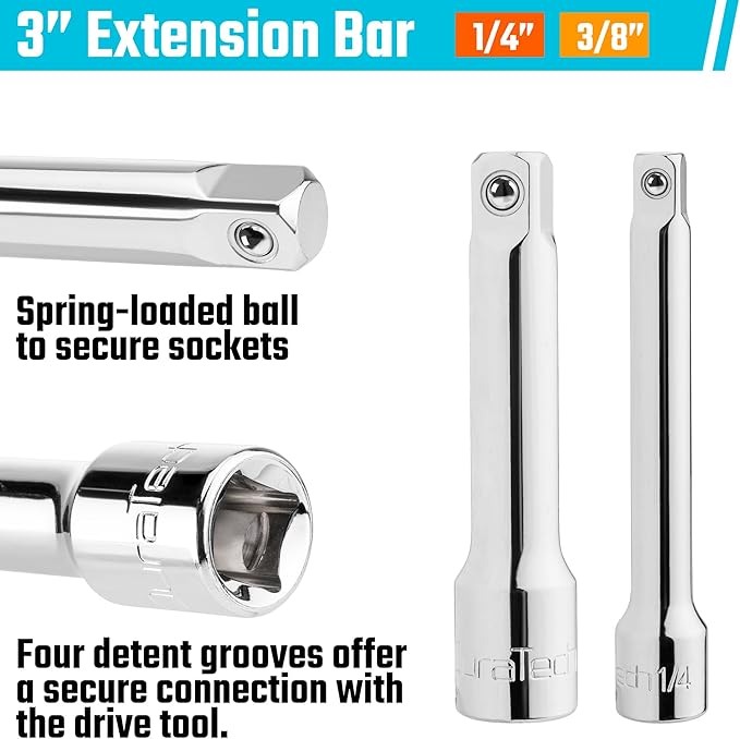 DURATECH Stubby Ratchet Set, 3-IN-1 Ratchet Handle, with 2 Extension Bars, 1/4", 3/8", 1/2" Drive Ratchet Wrench, 72-Tooth, Reversible Switch, Full-Polished Chrome Plating, Alloy Steel