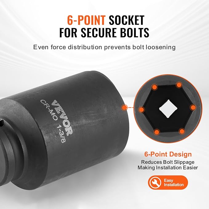 VEVOR Axle Nut Impact Socket Set - 1/2" Drive Deep 6-Point 8-Piece SAE Spindle Nut Socket CR-MO Heat Treated Large Socket Set with Storage Case for Auto Repair, Removing or Installing Axle Nuts