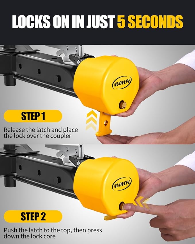 Heavy Duty Trailer Hitch Locks: Universal Fit 1-7/8", 2" and 2-5/16" Couplers, Reinforced Solid Steel Tow Lock for Trailer Tongue, Anti Theft Coupler Lock for RV, Cargo, Boat, Camper, Utility (Yellow)
