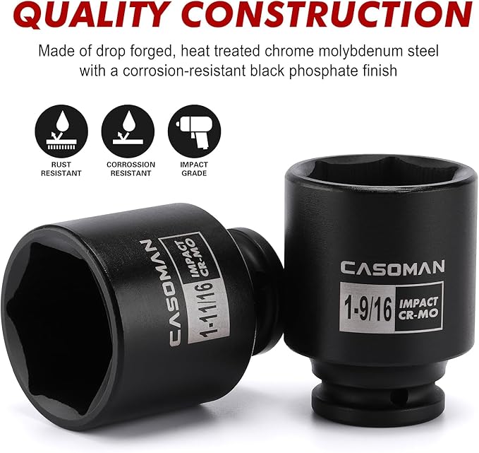 CASOMAN 1/2-Inch Drive Shallow Spindle Axle Nut Impact Socket Set,1-9/16" to 2", 6-Point, SAE, CR-MO, 8 Piece 1/2" Heavy Duty Impact Socket Set