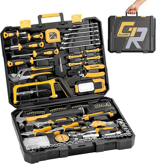 GRENPRO 218 Piece Tool Kit for Home, Tool Box with General Household Hand Tools Set, Herramientas with Screwdrivers, Wrenches, Hammer, Bow Saw, Folding Work Lamp, Electric Pen and Other Basic Tool Kit