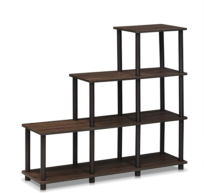Furinno TURN-N-TUBE Storage Shelves, 4-Tier Ladder Book Shelf, Corner Shelf, Toolless Open Shelves, for Organization and Storage, Living Room, Garage, Home Office, Walnut