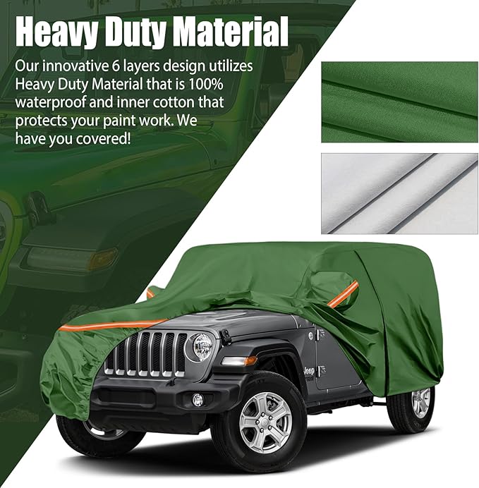 Waterproof Car Covers Replace for 2007-2025 Jeep Wrangler 4 Door, Multilayer Heavy Duty with Cotton Liner All Weather Car Cover with Zipper Door, Windproof Bands for Snow Rain Dust Protection