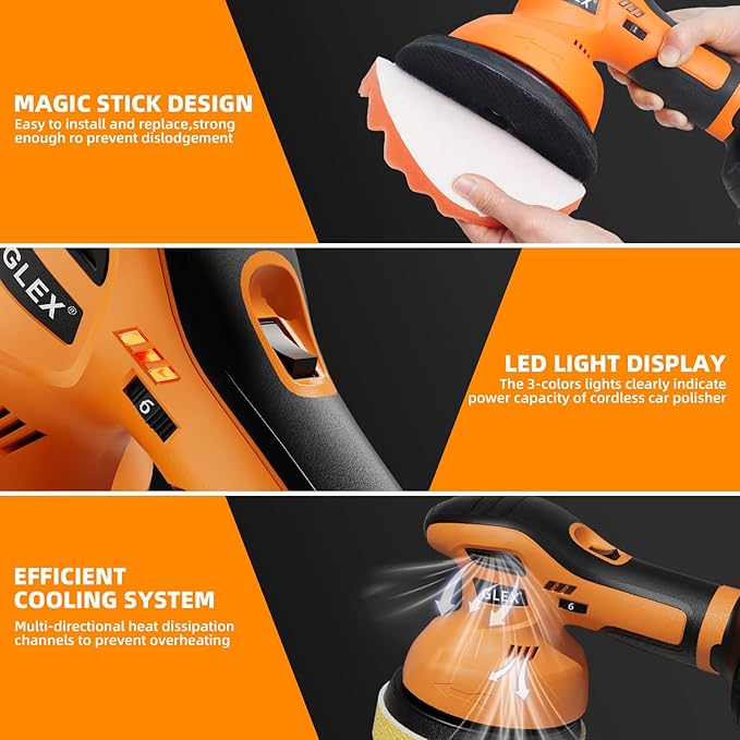 GLEX Electric Cordless Car Buffer Polisher, 6-inch Car Buffer Waxer Kit, 18V 4.0AH Battery*2, 6-speed Variable Speed, Up to 6600RPM, for Car Detailing, Boat Sanding, Scratch Removal, Mirror Polishing