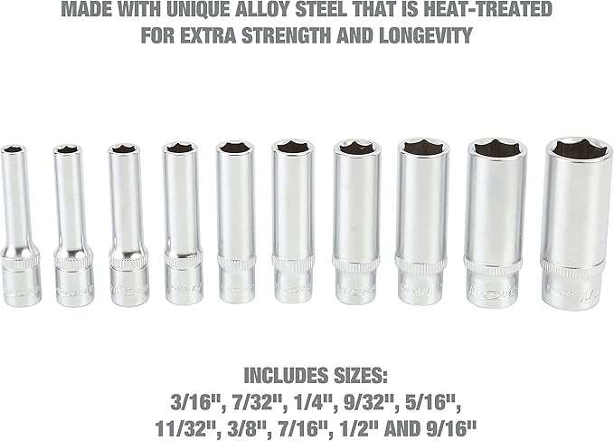 OEMTOOLS 23985 10 Piece 1/4" Drive Deep Socket Set, SAE Sizes 3/16"-9/16", Rust-Resistant 1/4 Drive Socket Set, EVA Storage Tray, Heat-Treated Alloy Steel Sockets
