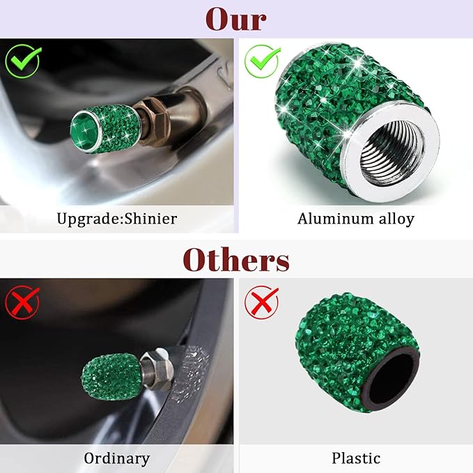 ToBeQueen Bling Tire Valve Caps, 4 Pack Handmade Crystal Rhinestone Diamond Tire Caps Universal Dustprood Bling Green Car Accessories for Car/SUV/Motorcycle/Bike(Green)