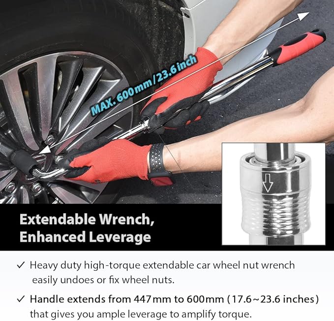 FIRSTINFO F32246D 1/2 Inch Drive Heavy Duty High Torque Extendable Wheel Lug Wrench, Professional Car Tire Repair Tools