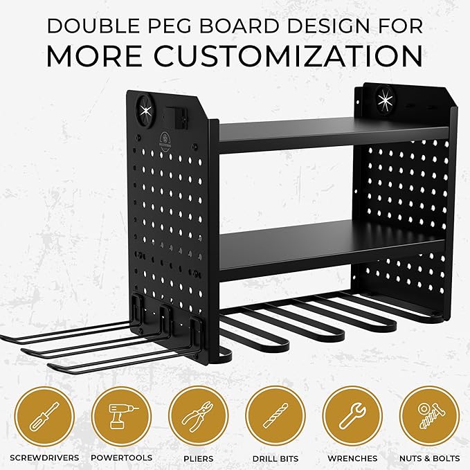 BUILTSTRONG Power Tool Organizer-6 Drill Holder Wall Mount, 3 Tier Heavy-Duty Hand Tool Storage Rack, Utility Racks, Drill Holder, 2 Pegboard Sides - Garage Storage Cordless Tool Organizer (Black)