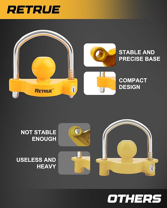 RETRUE Universal Coupler Lock Trailer Locks Ball Hitch Trailer Hitch Lock Adjustable Security Heavy-Duty Steel Fits 1-7/8 Inch, 2 Inch, 2-5/16 Inch Couplers, Yellow