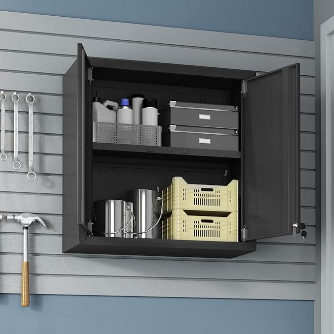 Manhattan Comfort Fortress Floating Garage Storage Cabinet with Adjustable Shelves and Lock, Recessed Handles, Metal Wall Mounted Lockable Utility Cabinet, Steel Garage Storage in Charcoal Gray