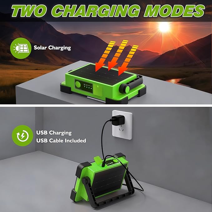 120W Solar Rechargeable Work Light, 144 LED 10000LM Led Work Light with 4 Modes, Portable Flood Light with Stand, IP66 Waterproof Outdoor Working Light for Emergency Mechanic Camping Repair