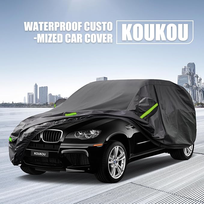KouKou Waterproof SUV Car Cover Suitable for BMW X5 from 2007 to 2025, 7 Layers Windproof All Weather Waterproof Outdoor Cover Sun Rain UV Dust Snow Protection. Black