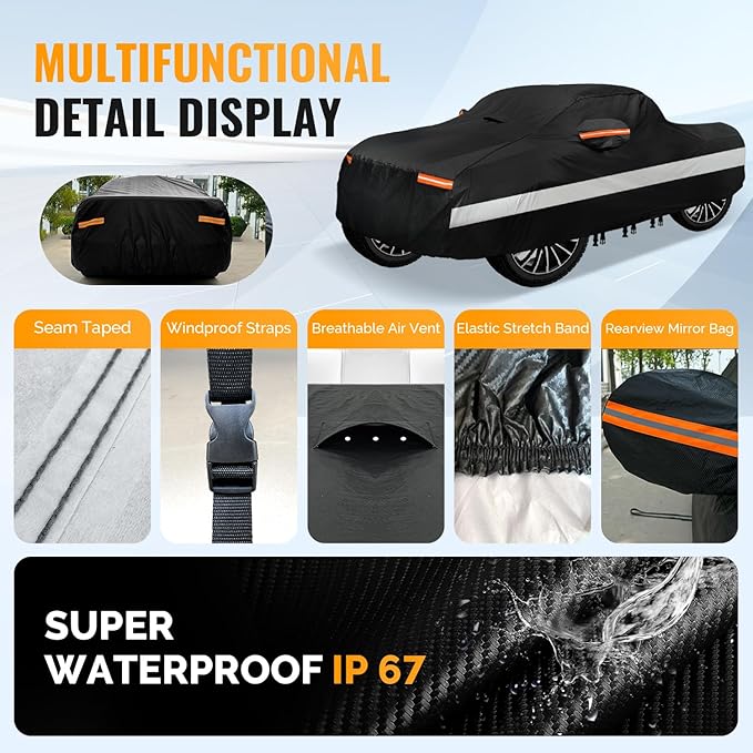 30 Layers Truck Car Cover for Automobiles All Weather Waterproof, Outdoor Snowproof UV Protection Windproof, Soft Cotton, Heavy Duty Universal Car Covers, (Black, Fit Truck 211"-230")