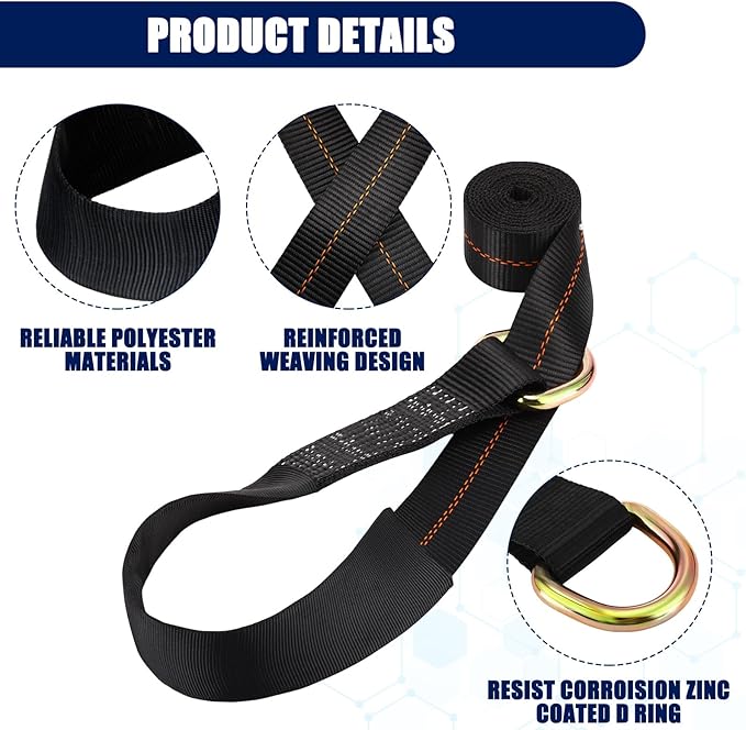 8 Pack Lasso Tow Truck Straps with D Ring 11, 000 Lbs Break Strength D Ring Auto Tie Down Wheel Lift Trailer Strap for Hauling Utv SUV Wrecker Rollback (2" X 12ft,Black)