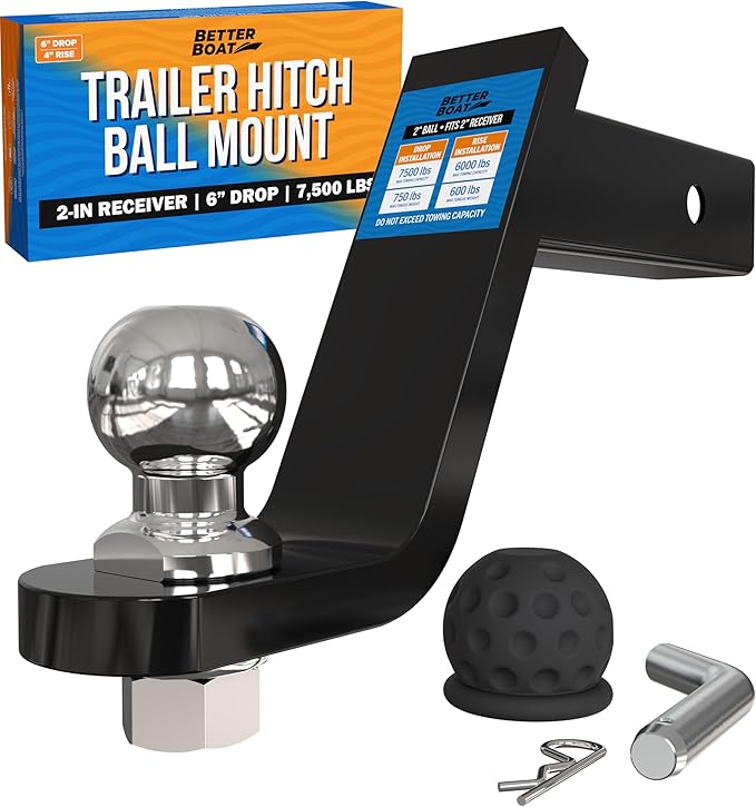 6000 Lbs Carbon Steel Trailer Hitch with 2" Ball, Pin and Cover, 2 Inch Receiver with Towing Starter Kit, Lift or Drop Truck Hitch, Marine Grade Mount, 6 Inch Drop