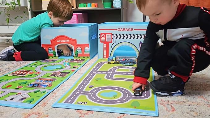 SAM AND MABEL Toy Cars Garage Box – Toy Storage Box with Car Rug Play Mat, Collapsible Storage Organizer for Boys and Girls (GoPlaces)