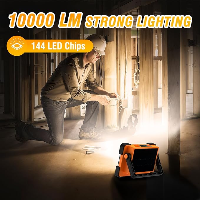 2 Pack 120W Solar Rechargeable Work Light, 144 LED 10000LM Led Work Light with 4 Modes, Portable Flood Light with Stand, IP66 Waterproof Outdoor Working Light for Emergency Mechanic Camping Repair