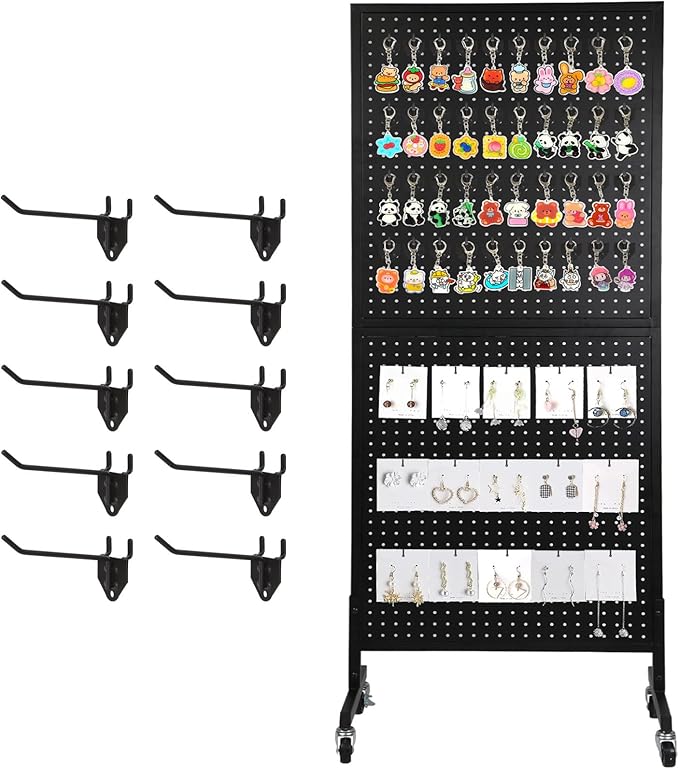 NectaCol 2'x 5' Standing Pegboard Display with T-Base, Pegboard Display Stand with Wheels, Metal Peg Board Display Rack, Art Display Stand, Extra 10 Pieces Hooks - Black