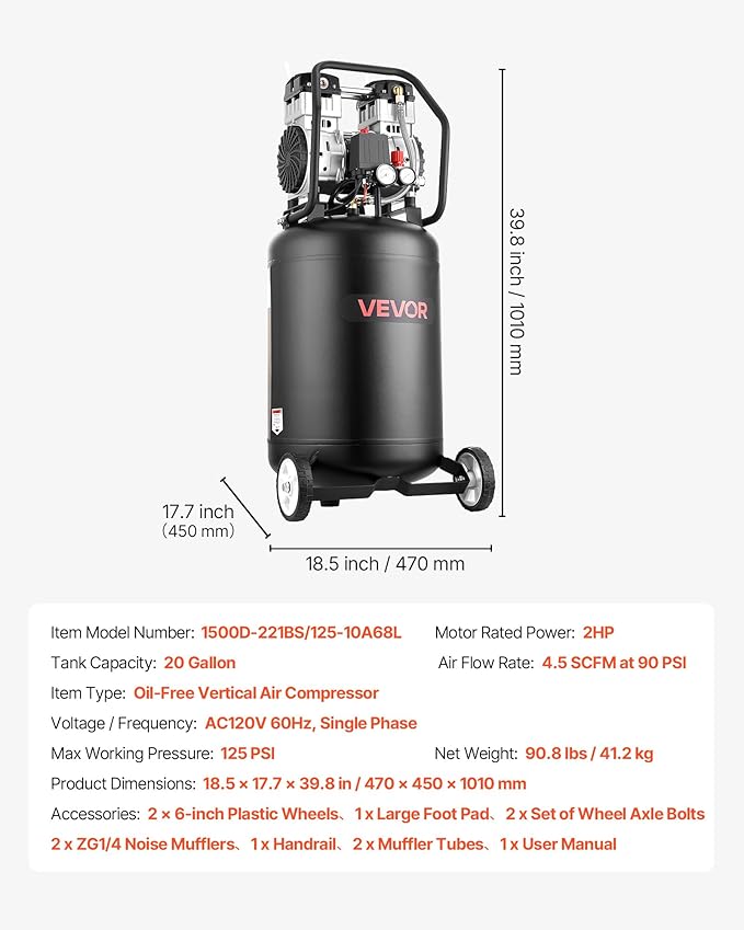 VEVOR 20-Gallon Air Compressor, 2HP 4.5 SCFM at 90PSI, Max 125PSI Pressure Oil-Free Air Compressor Tank, Portable on Wheels for Auto Repair, Tire Inflation, Spray Painting, Woodwork Nailing, 120V
