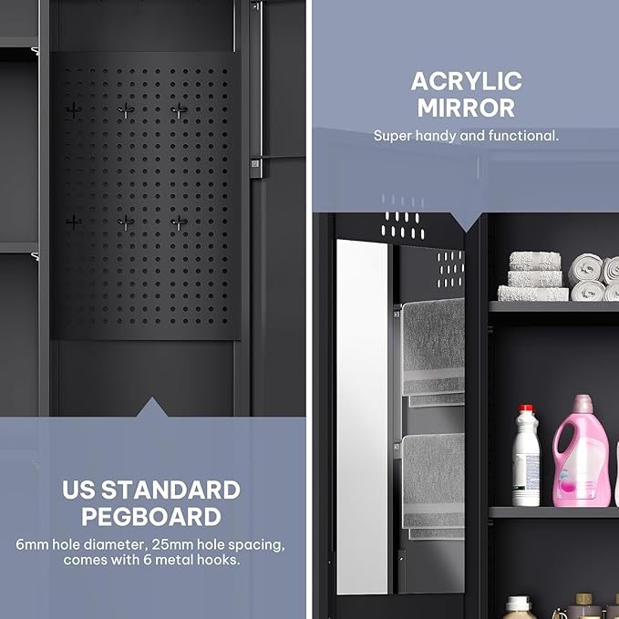 YITAHOME 71" Metal Garage Broom Cabinets with Adjustable Shelves, Vacuum Storage Cabinet with Doors and Drawer, Tool Storage Cabinet for Gym, Basement, Warehouse, Black, Metal