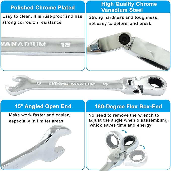13mm Flex Head Ratchet Wrench, 12 Point Chrome Vanadium Steel Combination Spanner with 72 Tooth Ratcheting Gear, Metric Industrial Grade Tool for Automotive and Mechanical Maintenance
