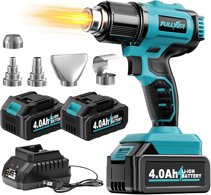 FULLYEA Heat Gun Cordless, Portable Hot Air Gun Kit with 5 Nozzles, Max 550℃/1022℉, Soldering Heat Gun with 2*4.0Ah Battery & Charger, Cordless Heating Gun for Shrink Tubing, Vinyl Wrap, Craft (Blue)