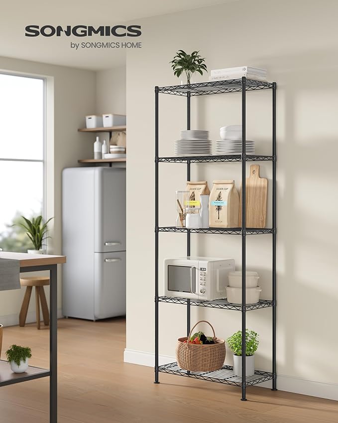SONGMICS Storage Shelf, Metal Wire Shelving Unit, Adjustable Shelves, for Garage, Bedroom, Living Room, Kitchen, Pantry, 5 Tier, 11.8 x 23.6 x 63.4 Inches, Ink Black ULGR165BH01S
