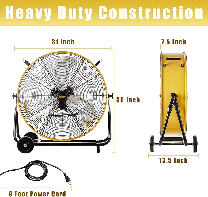 HiCFM 24" Industrial Drum Fan 8800 CFM High Velocity 3-Speed Heavy Duty Metal Air Circulator with Casters Handle for Basement Warehouse Factory workshops
