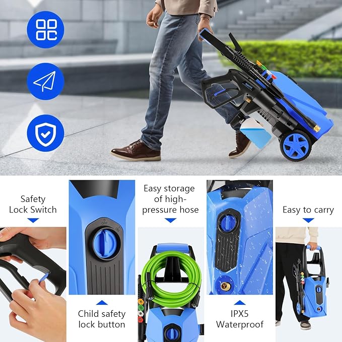 Pressure Cleaner High Power Cleaner with 33ft Power Hose, 4 Nozzles and Soap Bottle, for Home, Cars, Fences, Patio (Light Blue)