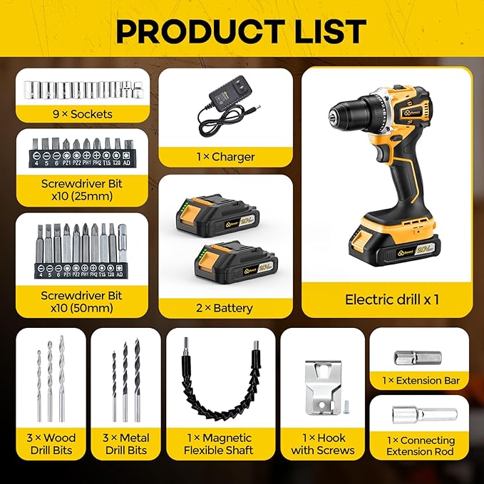 Cordless Drill Set/Driver, 20V Electric Power Drill With Battery And Charger, 40N Torque, 20+1 Settings, 2 Batteries,3/8-Inch Keyless Chuck, Driver Bits Kit, LED Light