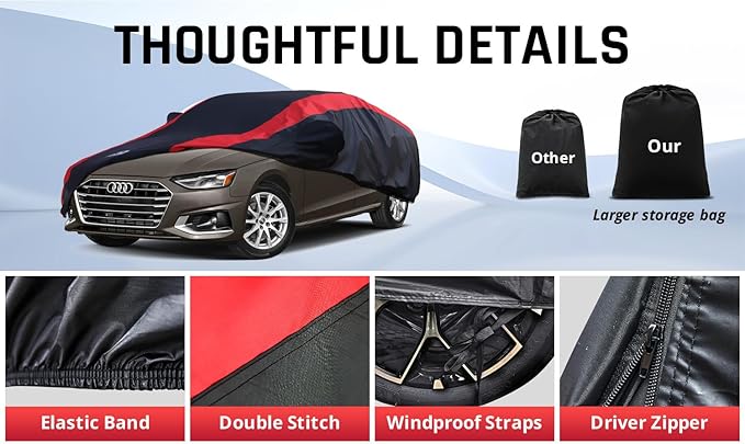Car Cover Custom Fit for Benz C-Class 2008-2005, BMW 3 Series 2007-2025, Audi A4/S4 2010-2025, Car Cover Waterproof All Weather Outdoor Protection with Red Strip Design