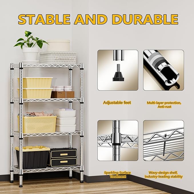 M MZG 1000 lbs 4 Tier Shelf Metal Storage Shelves Wire Rack Closet Organizers for Garage Kitchen Bathroom Laundry Chrome 11.8" D x 25.6" W x 45.5" H