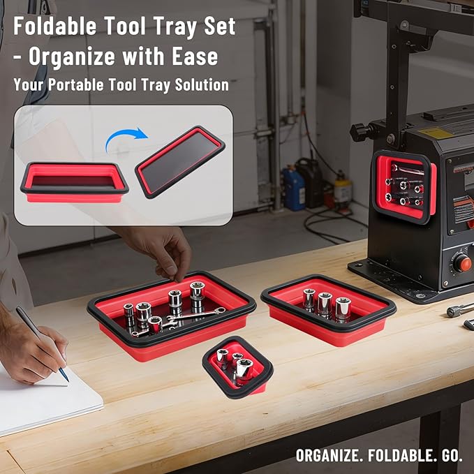 Collapsible Magnetic Parts Tray Set, Double-Sided Foldable Magnetic Tool Tray for Screws Bolts Nuts Washers, Ideal Storage Organizer for Mechanics Automotive DIY Garage Workshop