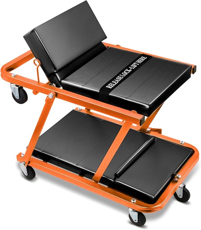 Auto Dynasty 48" Z-Creeper Seat, 2-in-1 Foldable Garage Rolling Creeper Shop Seat, 330 LBS Capacity Automotive Mechanic Under Car Repair Tool, Orange