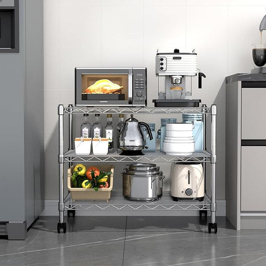 YSSOA 3-Tier Heavy Duty Storage Shelves 750Lb Capacity, 24.02" D x 13.78" W x 21.97" H Shelving Unit for Pantry, Garage, Laundry and Kitchen, Chrome