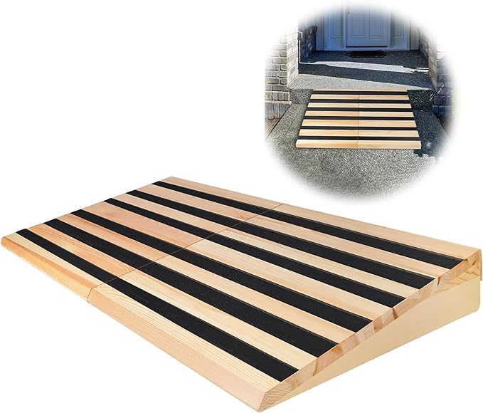 6" Rise Wooden Threshold Ramp for Home Steps, Door Ramp for Wheelchair/Walker/Cart/Scooter, Multipurpose Door Ramp with Non-Slip Stripes(35.4" W*6.0" H, Solid Wood, 800LBs Capacity)