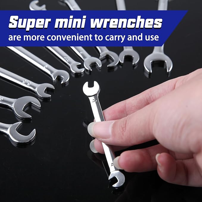Mini Double Open End Wrench Set Metric 10 Pcs 4mm to 11mm with Portable Storage Pouches Mirror Chrome Finish Super Thin Open Ended Spanner Double Angle Head for Small Fasteners