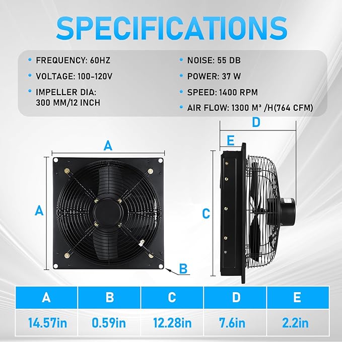 12 Inch Shutter Exhaust Fan with Automatic Louvers, 764 CFM 37W 110-120V Wall Mounted Louvered Exhaust Fan for Garage, Greenhouse, Attic, Barn, Workshop – Quiet Pure Copper Motor, All-Metal Housing