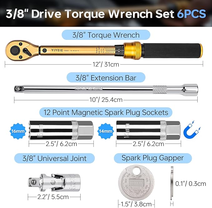 3/8-Inch Drive Torque Wrench Set, 10-45 FT.LB (13.6-61Nm), Magnetic Spark Plug Socket Set, 12-Point Sockets 14mm & 16mm, Spark Plug Gap Tool, ±3% Accuracy, 72-Tooth Torque Wrench for Motor, Car Repair