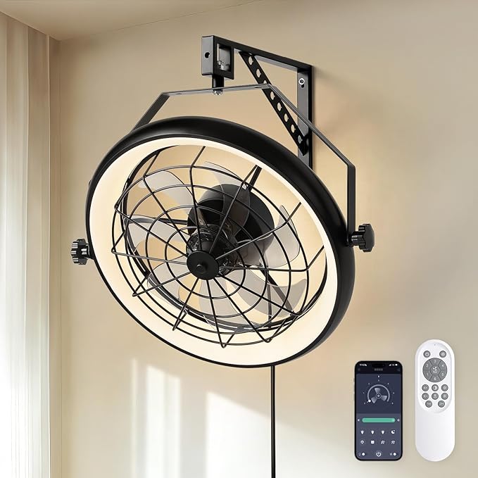 23" Wall Mount Fan with Light,3 CCT, Dimmable,Quiet 6 Speed Wall Mounted Fan with Remote/App Control, Timer, 360° Adjustable Tilt Plug in Wall Fan for Garage,Patio,Tool Room,Home