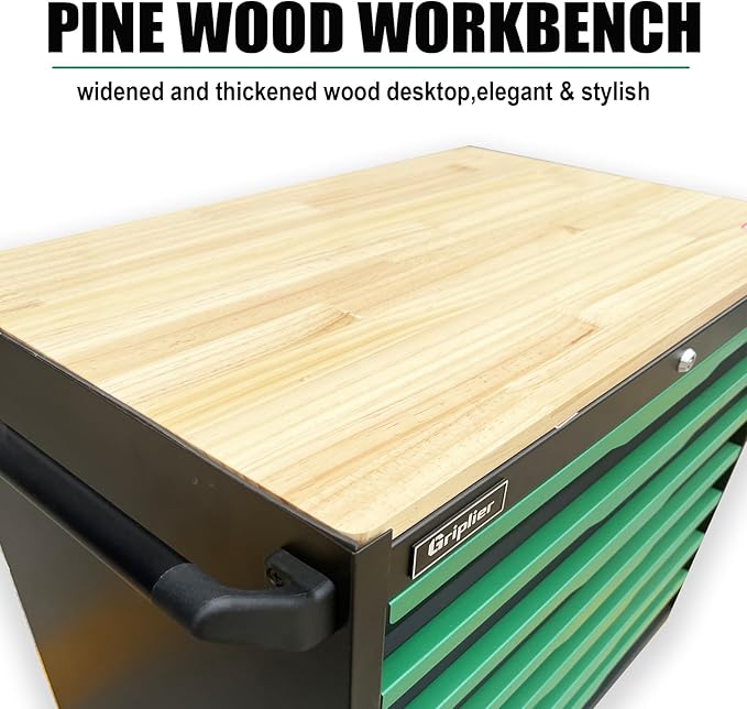 7-Drawer Tool Chest with Wood Top, 31.3W x 18.9D x 32.3H inches, Black and Green，Locking Rolling Tool Box with Wheels,Mechanic Tool Cabinets for Garage, Warehouse,Repair Shop,Workshop