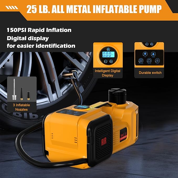 Electric Car Jack, 5 Ton 12V Digital Display Electric Jack for Car with E-Impact Wrench, Tire Inflator Pump and LED Light, (Lifting Range: 6.1-17.7 Inch) for Sedan, SUV, Truck Tire Change Replacement