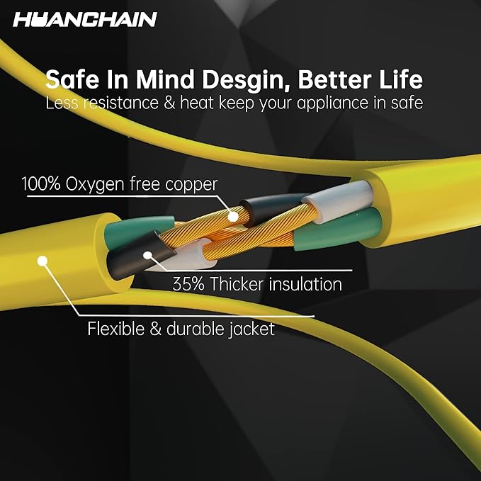 HUANCHAIN Indoor Outdoor Extension Cord 50 ft Waterproof, 16/3 Gauge Flexible Resistant Appliance Extension Cord Outside, 13A 1625W 16AWG SJTW, 3 Prong Electric Cable Yellow, ETL