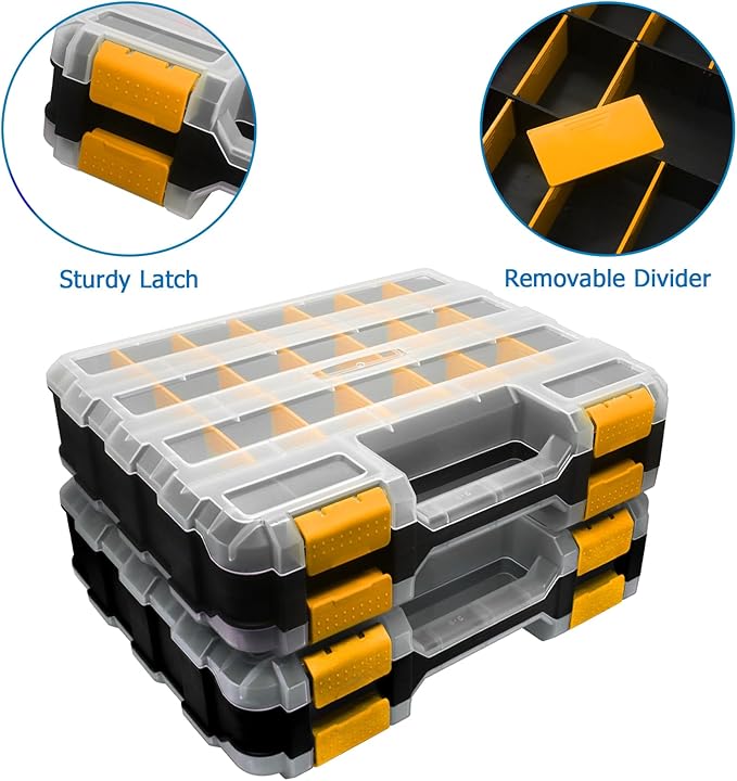 Double Side Tool Box Organizer, Hardware Storage Box, Portable Small Parts Organizer with Removable Plastic Dividers for Screws, Nuts, Nails, Bolts (Orange)