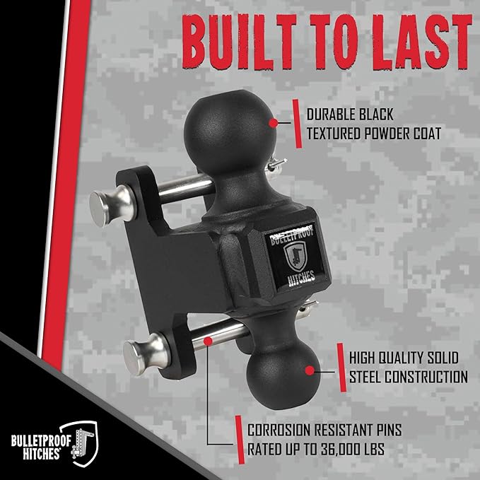 BulletProof Hitches - Adjustable Trailer Hitch - 2" and 2-5/16" Dual Ball Mount - Replacement 2-5/16" Ball Hitch Rated up to 36,000 lbs - Solid Steel, Corrosion Resistant, Black Powder Coat