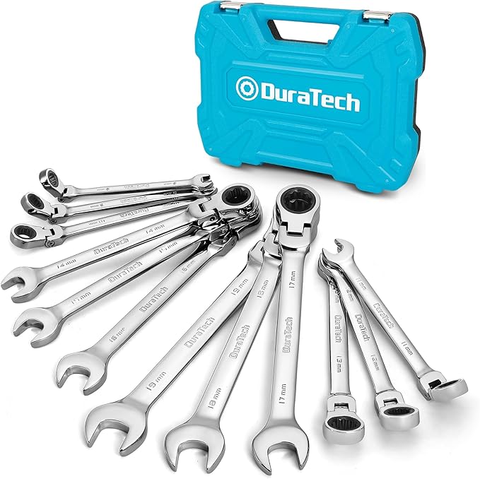 DURATECH 12-Piece Flex-Head Ratcheting Combination Wrench Set, 72-Tooth, Metric, 8-19 mm, Cr-v Steel, Organized in Storage Case