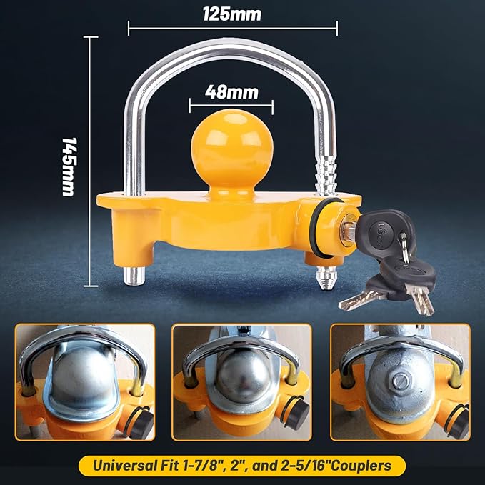 Turnart Trailer Hitch Lock Keyed Alike, Trailer Lock Set, 2 Pack,Hitch Lock, Trailer Coupler Lock, Trailer Tongue Lock, Adjustable, Heavy-Duty Steel, Universal Size Fits 1-7/8", 2", 2-5/16" Couplers
