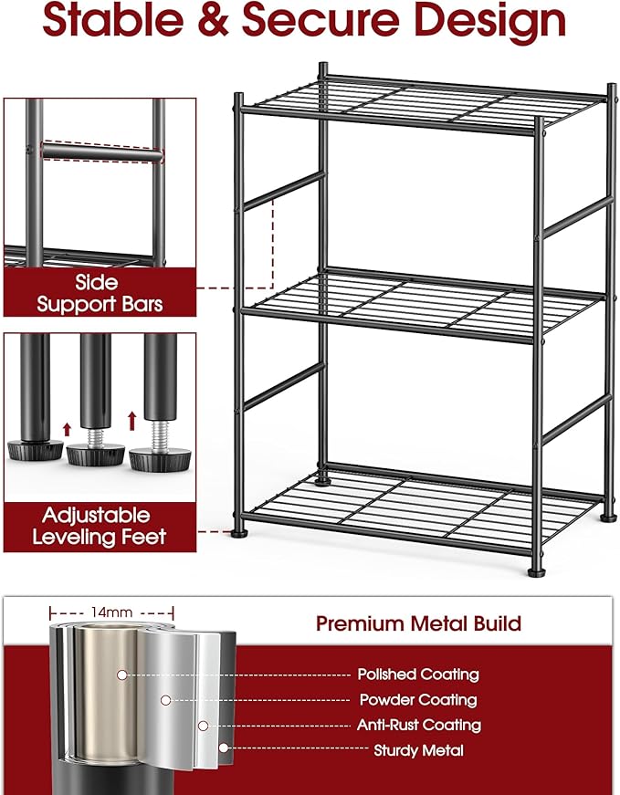 Sakugi 3-Tier Metal Storage Shelves - Space-Saving Shelf Organizer for Small Spaces, Compact Shelving Unit with Adjustable Feet for Kitchen, Garage, Laundry Room (17.7" x 12.5" x 30.1", Black)