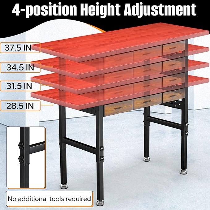 60in Adjustable Height Workbench Desk with Drawers,Power Outlets, Rubber Wood Top Heavy-Duty Work Table, 2000 LBS Load Capacity Work Station for Garage, Workshop, Office, Home